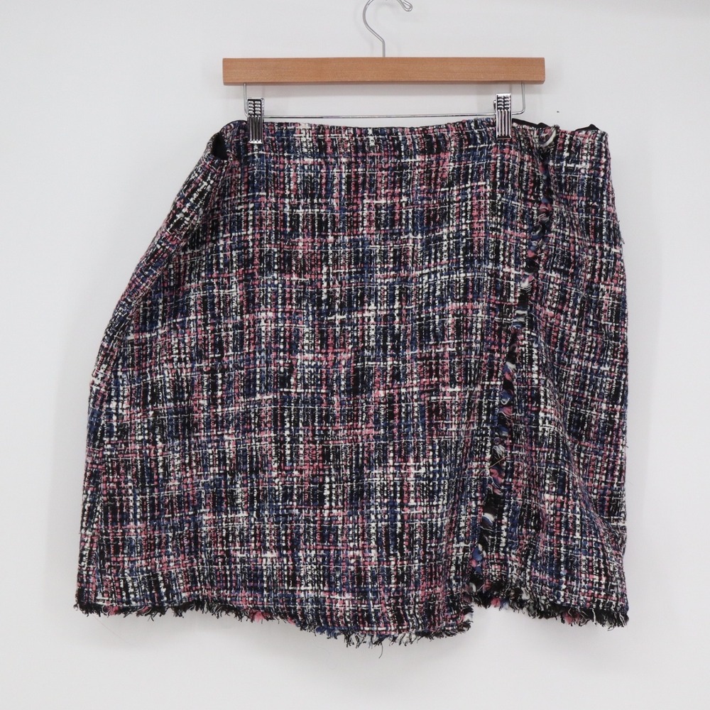 Loft Plus Size 18 Tweed Wrap Mini Skirt Multi-Color Fringe Hem Bouclé Plaid